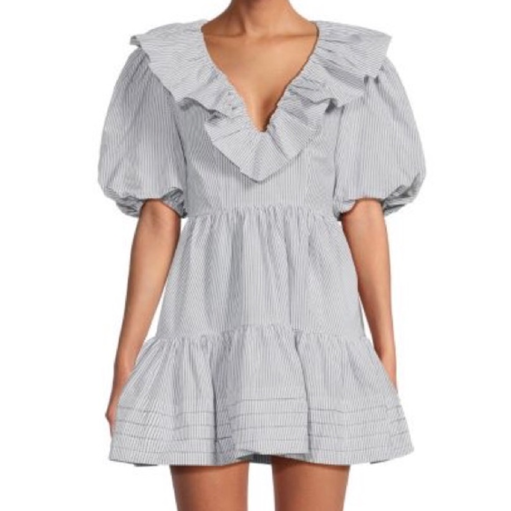 Saylor Zerina Striped Linen Blend A Line Mini Ruffle Dress Puff Sleeve small